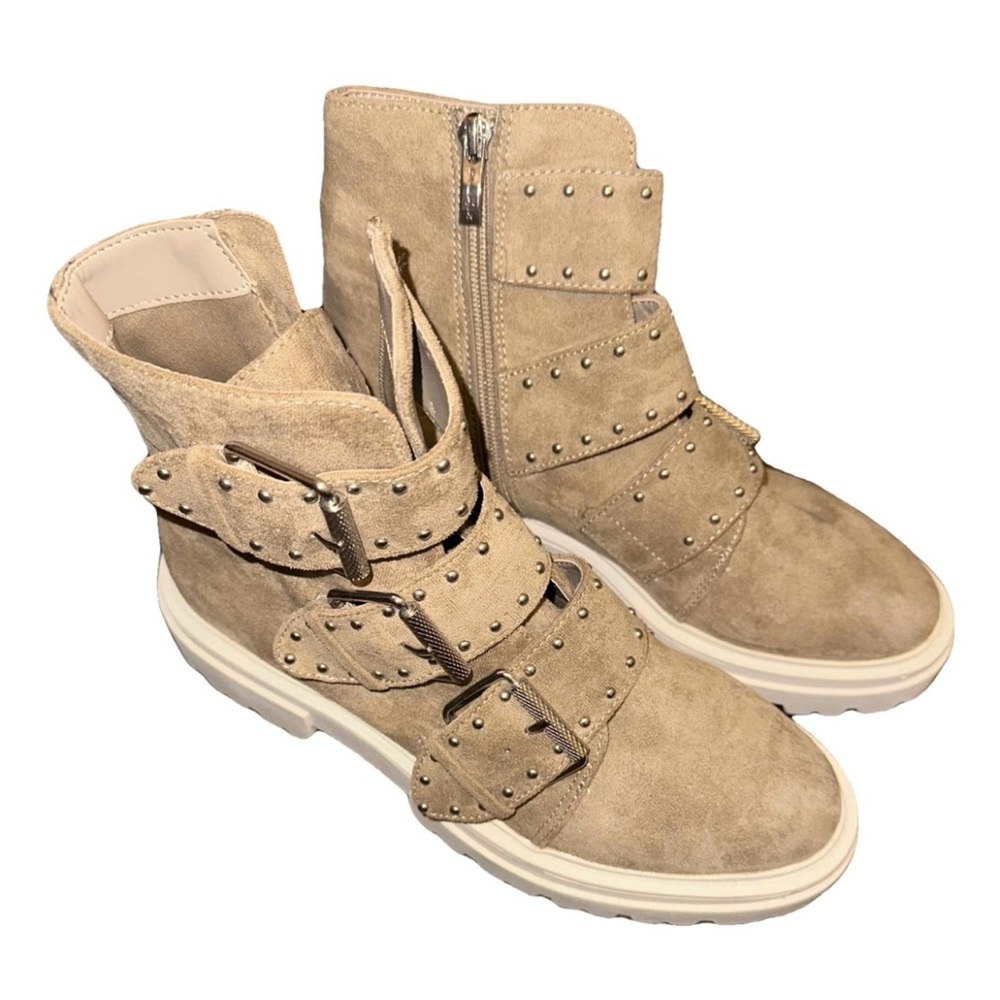 Studded Beige Suede Ankle Boots